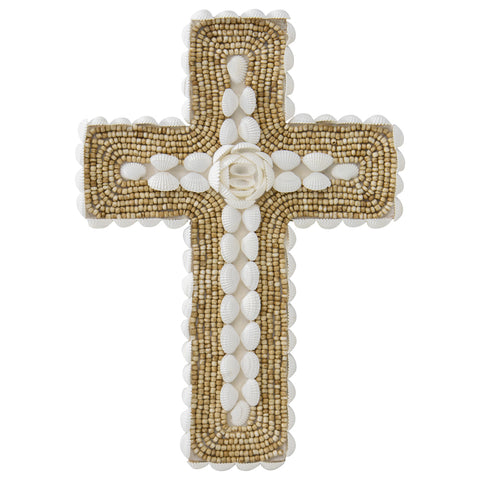 Handcrafted Shell & Narrow Weave Border Wall Hanging Cross 30x3cm