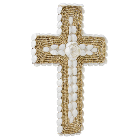 Handcrafted Shell & Narrow Weave Border Wall Hanging Cross 30x3cm