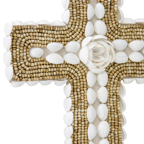 Handcrafted Shell & Narrow Weave Border Wall Hanging Cross 30x3cm