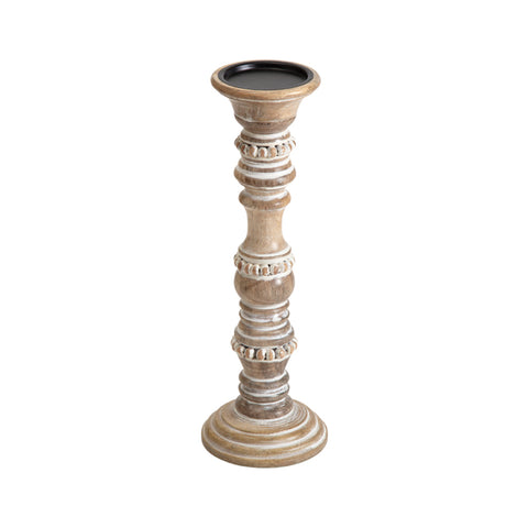 Handcrafted Mango Wood Beaded Pillar Candleholder 38cm
