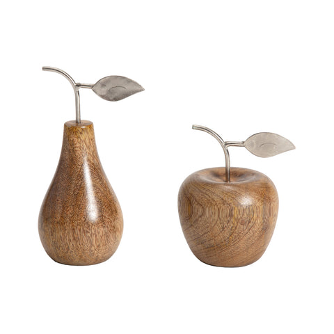 Set 2 Asst Handcrafted Apple & Pear W Antique Silver Leaf 17cm