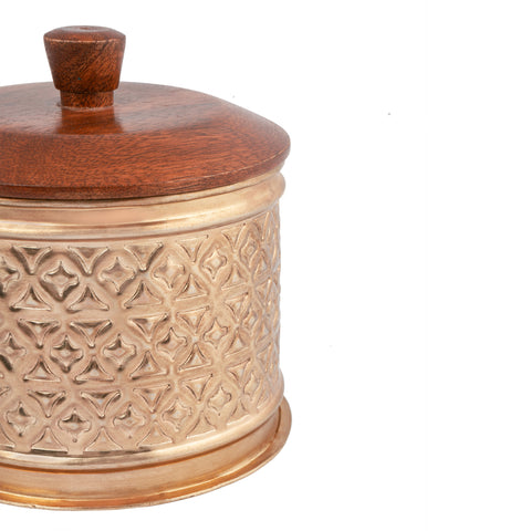 Handcrafted Round Metal Pressed Box W Mango Wood Lid 14cm