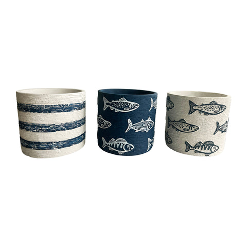 Set 3 Assorted Fish / Stripe Planters w Hole + Plug 14cm