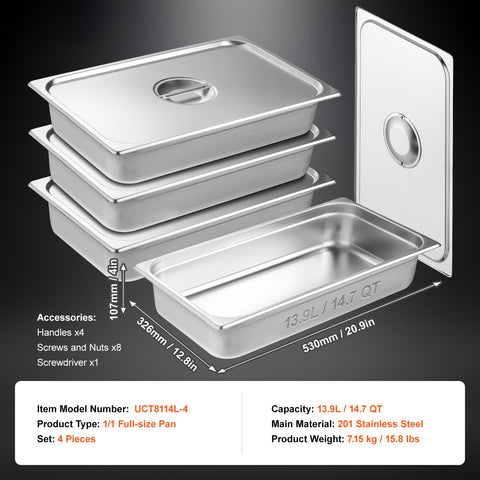 4 Pack Hotel Pans, Full Size Anti-Jam Steam Pan with Lid, 0.8mm Thick Stainless Steel Steam Table Pan, 4-Inch Deep Commercial Table Pan, Catering Storage Food Pan, for Industrial & Scientific