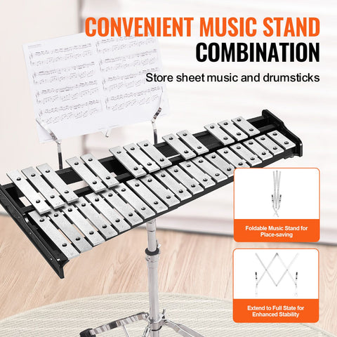 32 Note Glockenspiel Xylophone Bell Kit, Professional Percussion Instrument Set with Mallets, Drum Sticks, Music Stand, Adjustable Stand and Carrying Bag for Students & Adults