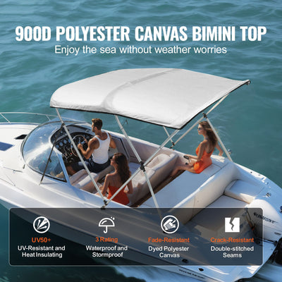3 Bow Bimini Top Boat Cover, 900D Polyester Canopy with 1" Aluminum Alloy Frame, Waterproof and Sun Shade, Includes Storage Boot, 2 Support Poles, 4 Straps, 6'L x 46"H x 67"-72"W, Light Grey