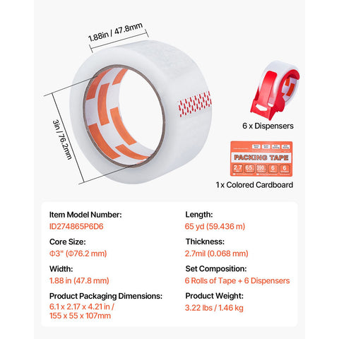 Packing Tape 6 Rolls 65 Yards Clear Shipping Tape with Dispenser 2.7 Mil