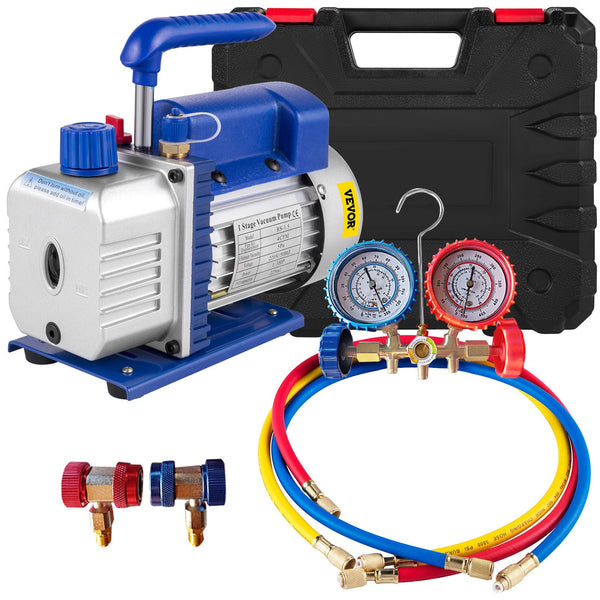 4CFM 1/4HP Rotary Vane Vacuum Pump + R134AManifold Gauge Tester Charging +Hose