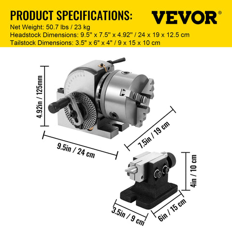 BS-0 Dividing Head 5 Inch, Precision Dividing Head Set with 5" 3-jaw Chuck & Tailstock Dividing Plates for Milling Machine