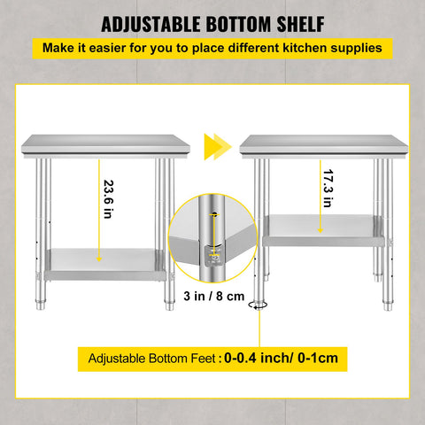 Commercial Worktable & Workstation 24 x 30 x 32 Inch Stainless Steel Work Table Heavy Duty Commercial Food Prep Work Table for Home, Kitchen, Restaurant Metal Prep Table with Adjustable Feet
