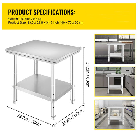 Commercial Worktable & Workstation 24 x 30 x 32 Inch Stainless Steel Work Table Heavy Duty Commercial Food Prep Work Table for Home, Kitchen, Restaurant Metal Prep Table with Adjustable Feet
