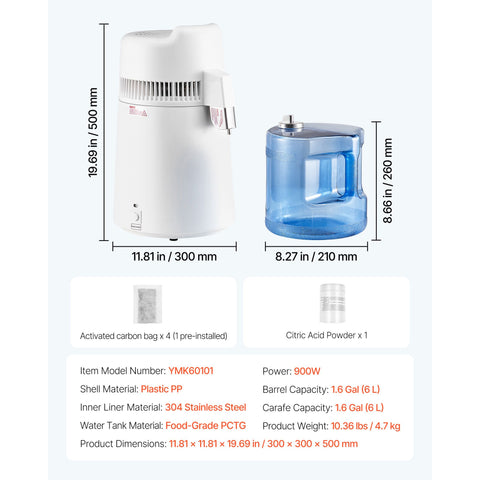 6L Water Distiller Home Countertop Purifier Machine 900W Plastic Container