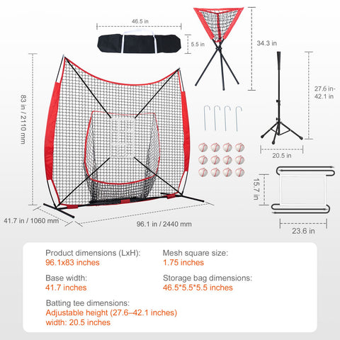 7x7 ft Baseball Softball Practice Net, Portable Baseball Training Net for Hitting Catching Pitching, Backstop Equipment with Bow Frame, Carry Bag, Strike Zone, 12 Balls, Tee, and Ball Collector