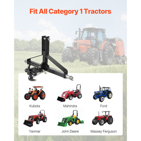 3 Point Trailer Hitch with 2 in Receiver, 3pt Quick Hitch Attachment, Heavy Duty Tractor Tow Drawbar Adapter, Compatible with Kubota, Mahindra, Ford, Yanmar, John Deere, Massey Ferguson