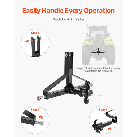 3 Point Trailer Hitch with 2 in Receiver, 3pt Quick Hitch Attachment, Heavy Duty Tractor Tow Drawbar Adapter, Compatible with Kubota, Mahindra, Ford, Yanmar, John Deere, Massey Ferguson