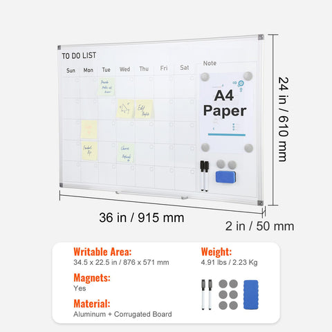Magnetic Whiteboard Dry Erase Board 36" x 24" Wall Mounted for Office
