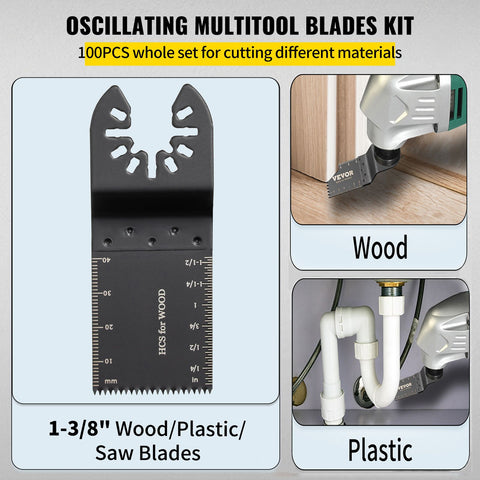 100PCS Oscillating Saw Blades, Quick Release Multitool Blades Kit, HCS Tool Blades for Wood Plastic, Compatible with Dewalt Dremel Fein Worx Bosch Makita Milwaukee