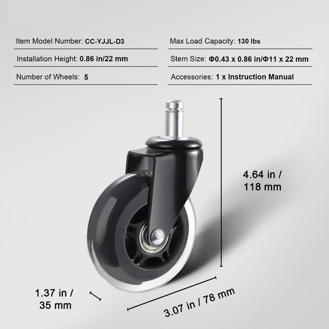 Office Chair Wheels, Set of 5, 76.2 mm Caster Wheels Replacement for Hardwood Floors and Carpet, Heavy Duty Computer Gaming Desk Casters with 59 kg Load Capacity, Universal Fit for Most Chairs
