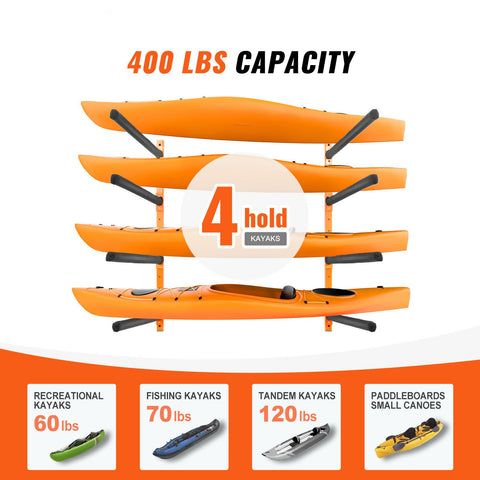 Wall Kayak Storage Rack, 4-Capacity Wall Mounted Kayak Holders for Kayak Canoe Paddle Board, Kayak Storage Hooks with Adjustable Padded Arms, 181.6 KG Load Kayak Hanger for Indoor Outdoor Garage