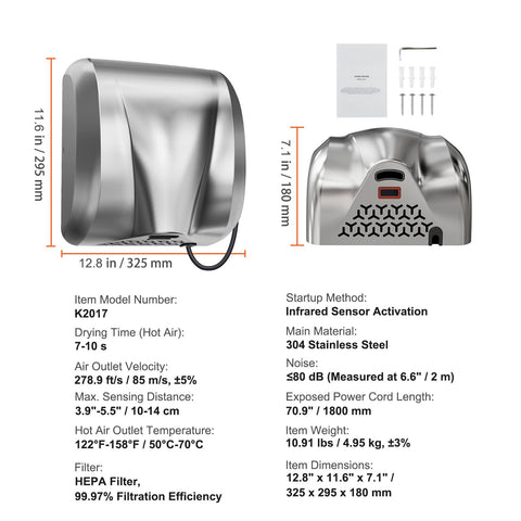 Heavy Duty Commercial Hand Dryer, 1800W Automatic High Speed Stainless Steel Warm Wind Hand Blower, 220V-240V Plug In/Hardwired Two Power Options, Compliant for Industry Business Restrooms