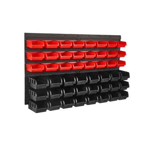 Wall Mounted Storage Bins, 48-Bin Parts Rack Organizer Garage Plastic Shop Tool with Wall Panels, Tool Organizer for Nuts, Bolts, Screws, Nails, Beads, Buttons, Other Small Parts, Black and Red