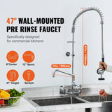 Commercial Faucet with Pre-Rinse Sprayer, 47" Height, 8" Center, 12" Swing Spout, Wall Mount Kitchen Sink Faucet, Brass Constructed Device with Pull Down Spray, for 1/2/3 Compartment Sink
