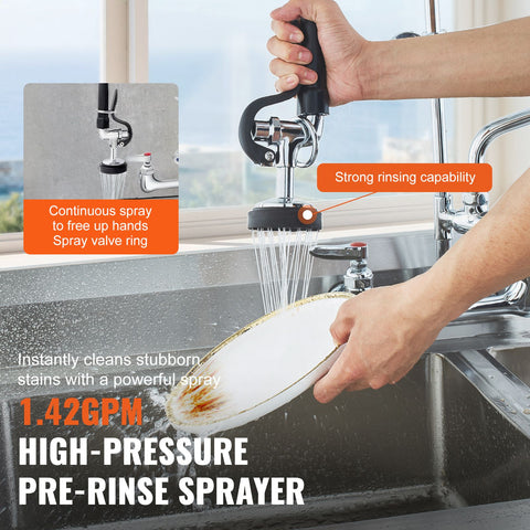 Commercial Faucet with Pre-Rinse Sprayer, 47" Height, 8" Center, 12" Swing Spout, Wall Mount Kitchen Sink Faucet, Brass Constructed Device with Pull Down Spray, for 1/2/3 Compartment Sink