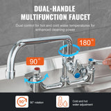 Commercial Faucet with Pre-Rinse Sprayer, 47" Height, 8" Center, 12" Swing Spout, Wall Mount Kitchen Sink Faucet, Brass Constructed Device with Pull Down Spray, for 1/2/3 Compartment Sink