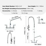 Commercial Faucet with Pre-Rinse Sprayer, 47" Height, 8" Center, 12" Swing Spout, Wall Mount Kitchen Sink Faucet, Brass Constructed Device with Pull Down Spray, for 1/2/3 Compartment Sink