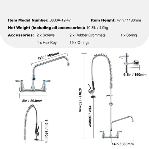 Commercial Faucet with Pre-Rinse Sprayer, 47" Height, 8" Center, 12" Swing Spout, Wall Mount Kitchen Sink Faucet, Brass Constructed Device with Pull Down Spray, for 1/2/3 Compartment Sink