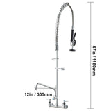Commercial Faucet with Pre-Rinse Sprayer, 47" Height, 8" Center, 12" Swing Spout, Wall Mount Kitchen Sink Faucet, Brass Constructed Device with Pull Down Spray, for 1/2/3 Compartment Sink