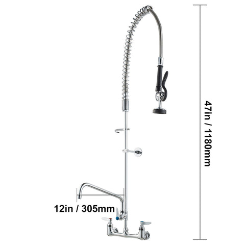 Commercial Faucet with Pre-Rinse Sprayer, 47" Height, 8" Center, 12" Swing Spout, Wall Mount Kitchen Sink Faucet, Brass Constructed Device with Pull Down Spray, for 1/2/3 Compartment Sink