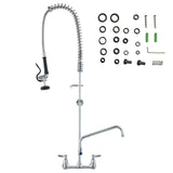 Commercial Faucet with Pre-Rinse Sprayer, 47" Height, 8" Center, 12" Swing Spout, Wall Mount Kitchen Sink Faucet, Brass Constructed Device with Pull Down Spray, for 1/2/3 Compartment Sink