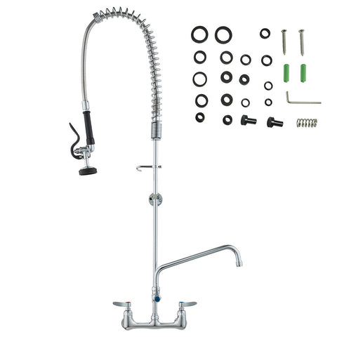 Commercial Faucet with Pre-Rinse Sprayer, 47" Height, 8" Center, 12" Swing Spout, Wall Mount Kitchen Sink Faucet, Brass Constructed Device with Pull Down Spray, for 1/2/3 Compartment Sink
