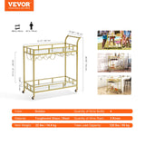2 Tiers Gold Metal Bar Serving Cart with Wine Rack Glass Holder 120 LBS