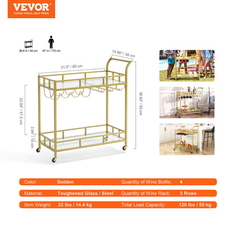 2 Tiers Gold Metal Bar Serving Cart with Wine Rack Glass Holder 120 LBS
