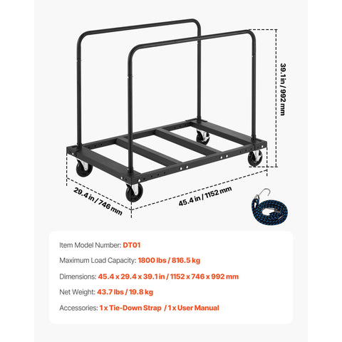 Drywall Cart Dolly, 816 kg Load Capacity, Steel Panel Truck Cart with 12.5 mm Swivel Casters, Lumber Drywall Dolly with Tie-Down Strap & 2 Side Handrails for Factory, Warehouse, Garage, Black