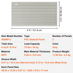 VEVOR Slatwall Panels, 121.9 x 30.48 cm Gray Garage Wall Panels (Set of 2 Panels), Heavy Duty Garage Wall Organizer Panels Display Perfect for Retail Store, Garage Wall, and Craft Storage Organization