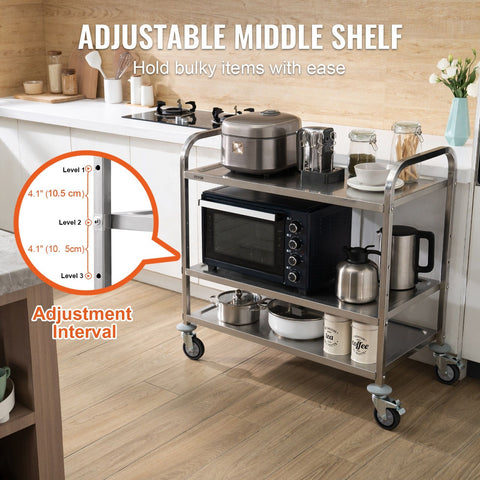 3-Tier Utility Cart Rolling Cart on Wheels 37.5"x20"x37.7" 450 LBS 6 Hooks