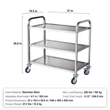3-Tier Utility Cart Rolling Cart on Wheels 37.5"x20"x37.7" 450 LBS 6 Hooks