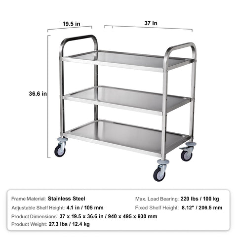 3-Tier Utility Cart Rolling Cart on Wheels 37.5"x20"x37.7" 450 LBS 6 Hooks