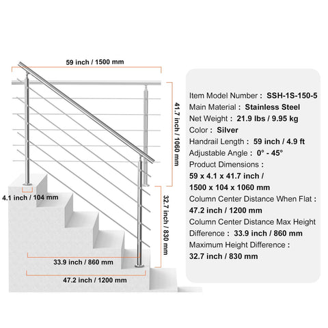59in Handrails for Outdoor Steps 5 Crossbars Staircase for Porch Deck