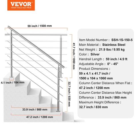 59in Handrails for Outdoor Steps 5 Crossbars Staircase for Porch Deck