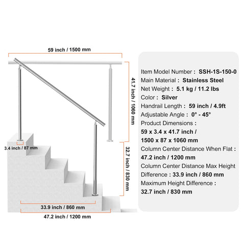 Handrails for Outdoor Steps, 59 in/ 150cm Length Stair Hand Rail Kit, Transitional Stainless Steel Railings with Installation Kit, Double-column Staircase Handrails for Seniors,Porch & Deck