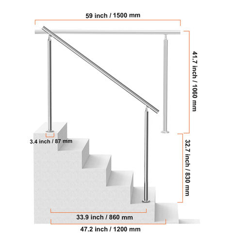 Handrails for Outdoor Steps, 59 in/ 150cm Length Stair Hand Rail Kit, Transitional Stainless Steel Railings with Installation Kit, Double-column Staircase Handrails for Seniors,Porch & Deck