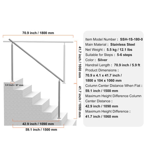 Handrails for Outdoor Steps, 70.9 in/ 180cm Length Stair Hand Rail Kit, Transitional Stainless Steel Railings with Installation Kit, Double-column Staircase Handrails for Seniors,Porch & Deck