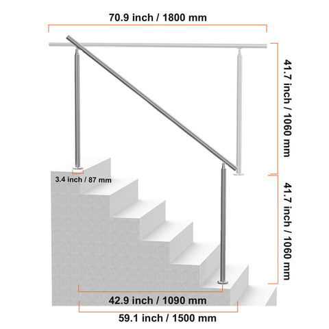 Handrails for Outdoor Steps, 70.9 in/ 180cm Length Stair Hand Rail Kit, Transitional Stainless Steel Railings with Installation Kit, Double-column Staircase Handrails for Seniors,Porch & Deck