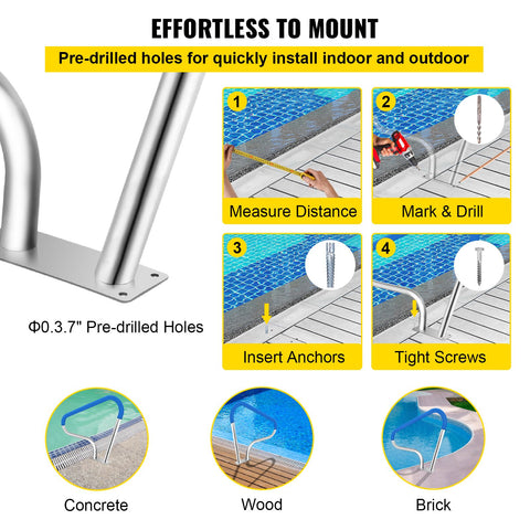 Pool Rail 39x32 Pool Railing 304 Stainless Steel 250LBS Load Capacity Silver Rustproof Pool Handrail Humanized Swimming Pool Handrail with Blue Grip Cover & M8 Drill Bit & Self-Taping Screws
