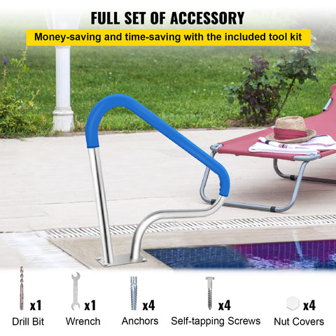 Pool Rail 39x32 Pool Railing 304 Stainless Steel 250LBS Load Capacity Silver Rustproof Pool Handrail Humanized Swimming Pool Handrail with Blue Grip Cover & M8 Drill Bit & Self-Taping Screws