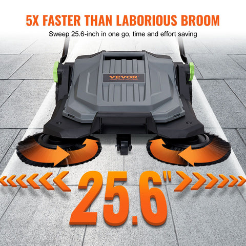 Walk-behind Hand Push Floor Sweeper 25.6" Width 5 Gallon Waste Container